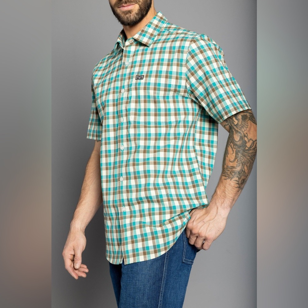 NWT Men’s Medium Kimes Ranch Go Round Plaid Dress Shirt in Teal